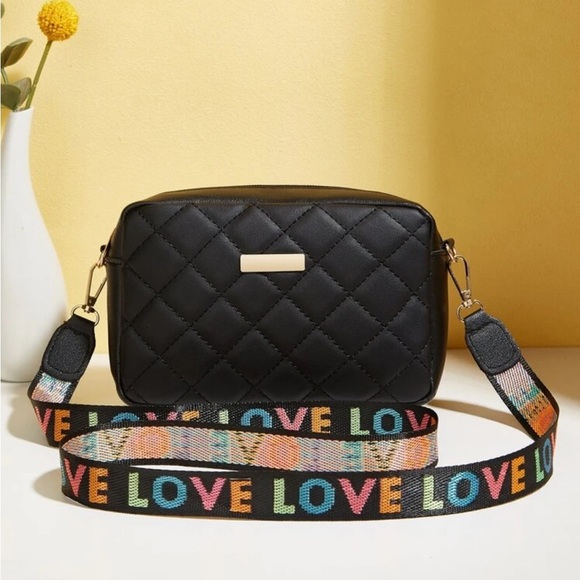 Black Quilted w/ Multicolor LOVE Strap Purse Small/Med Bag NWOT - Picture 1 of 7